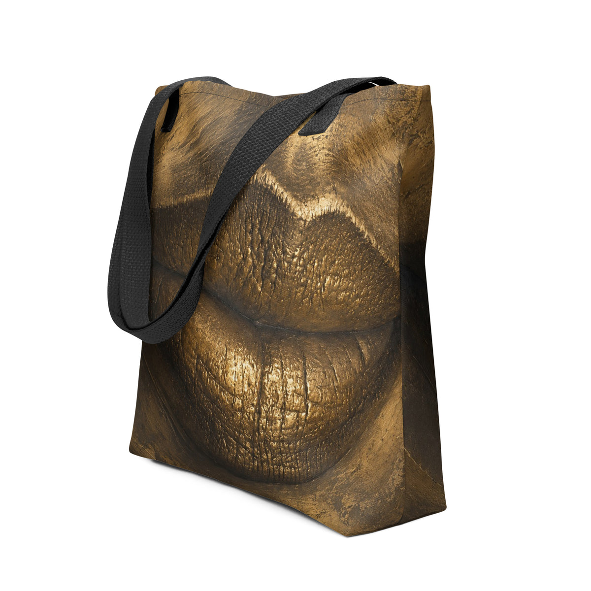 Close-up of lips rendered in gleaming gold, sculptural against deep shadow.