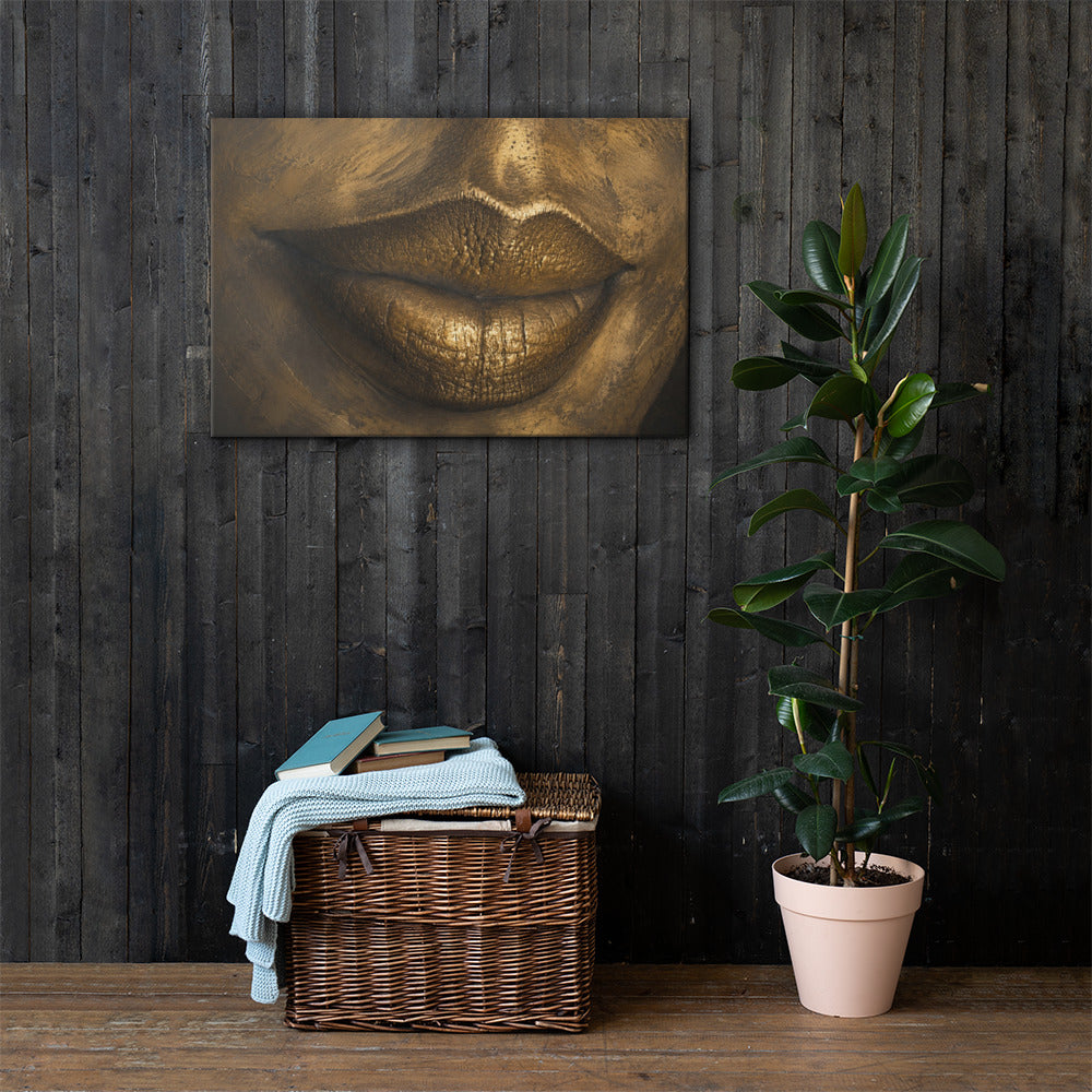 Close-up of lips rendered in gleaming gold, sculptural against deep shadow.