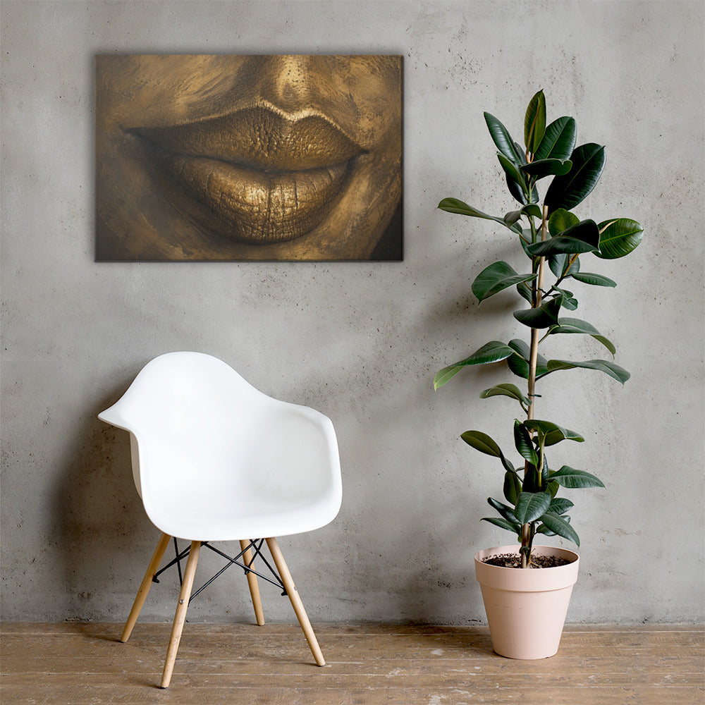 Close-up of lips rendered in gleaming gold, sculptural against deep shadow.