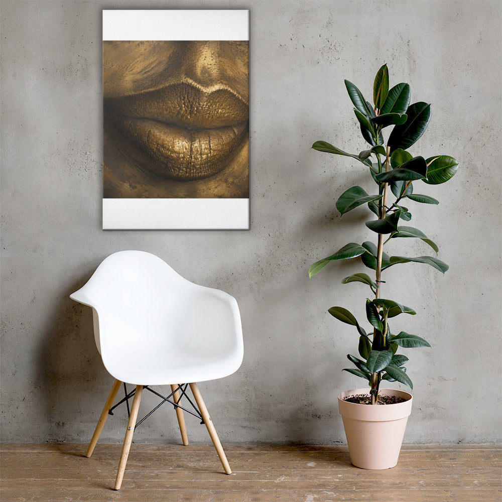 Close-up of lips rendered in gleaming gold, sculptural against deep shadow.