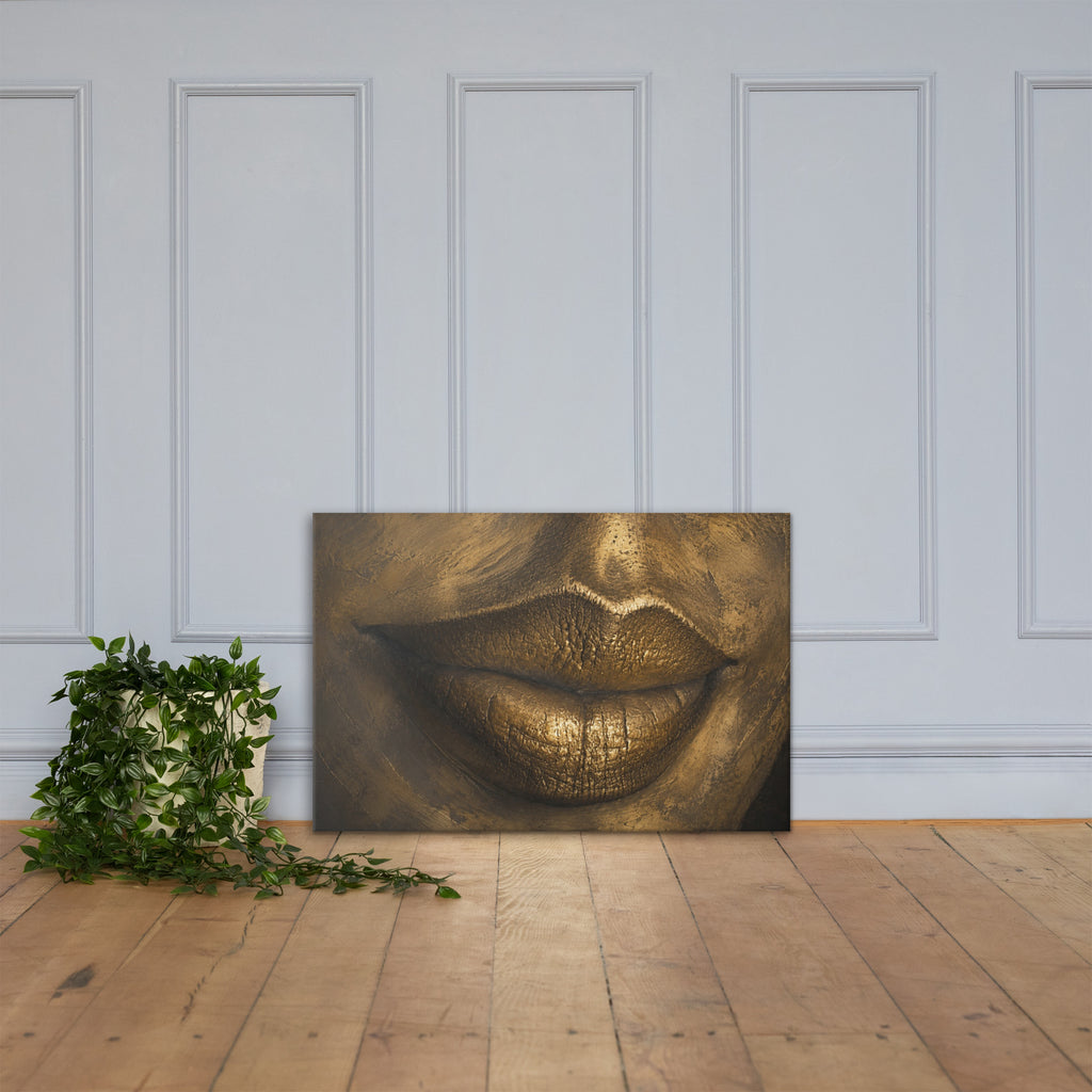 Close-up of lips rendered in gleaming gold, sculptural against deep shadow.