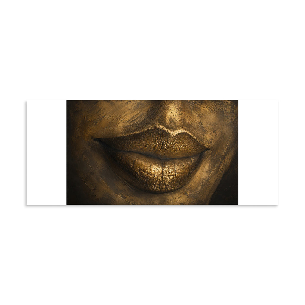 Close-up of lips rendered in gleaming gold, sculptural against deep shadow.