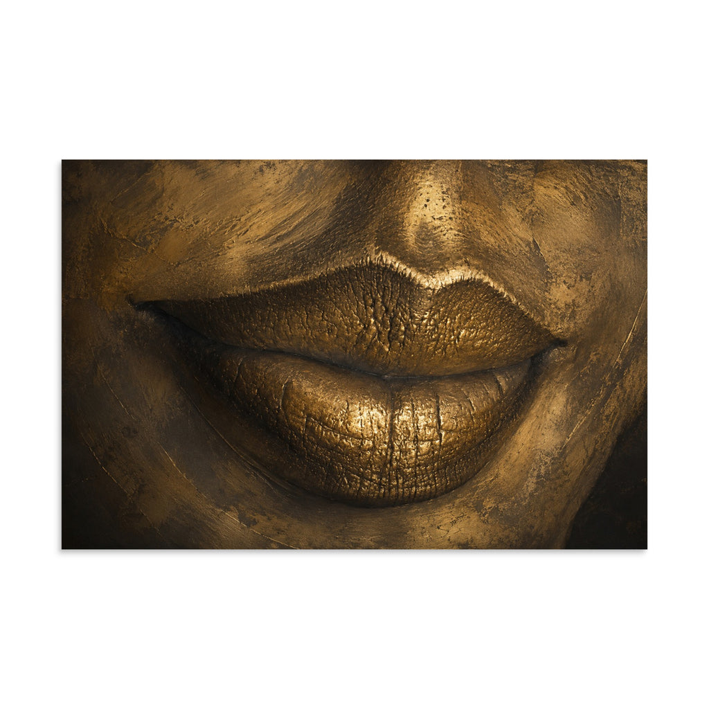 Close-up of lips rendered in gleaming gold, sculptural against deep shadow.
