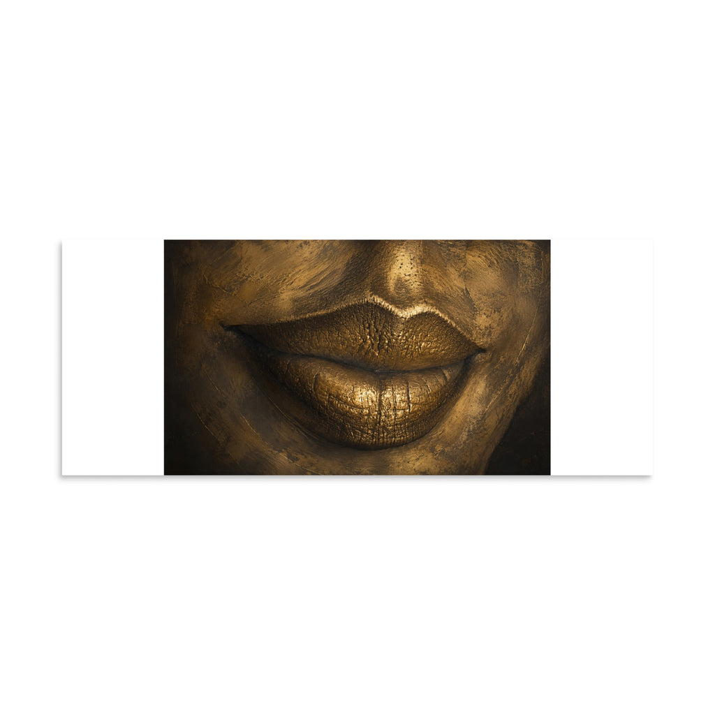 Close-up of lips rendered in gleaming gold, sculptural against deep shadow.